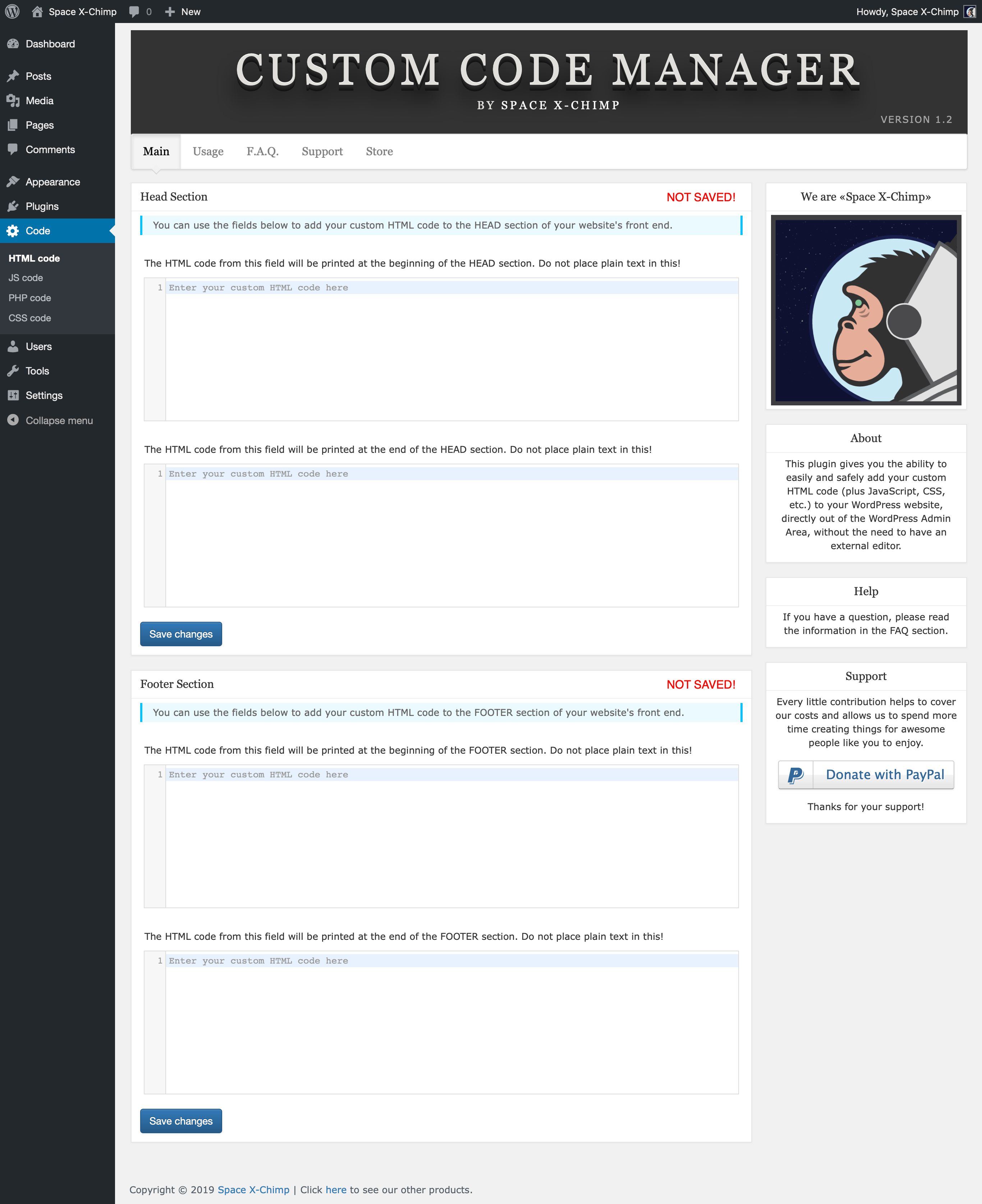 WP plugin "Custom Code Manager" by Space X-Chimp