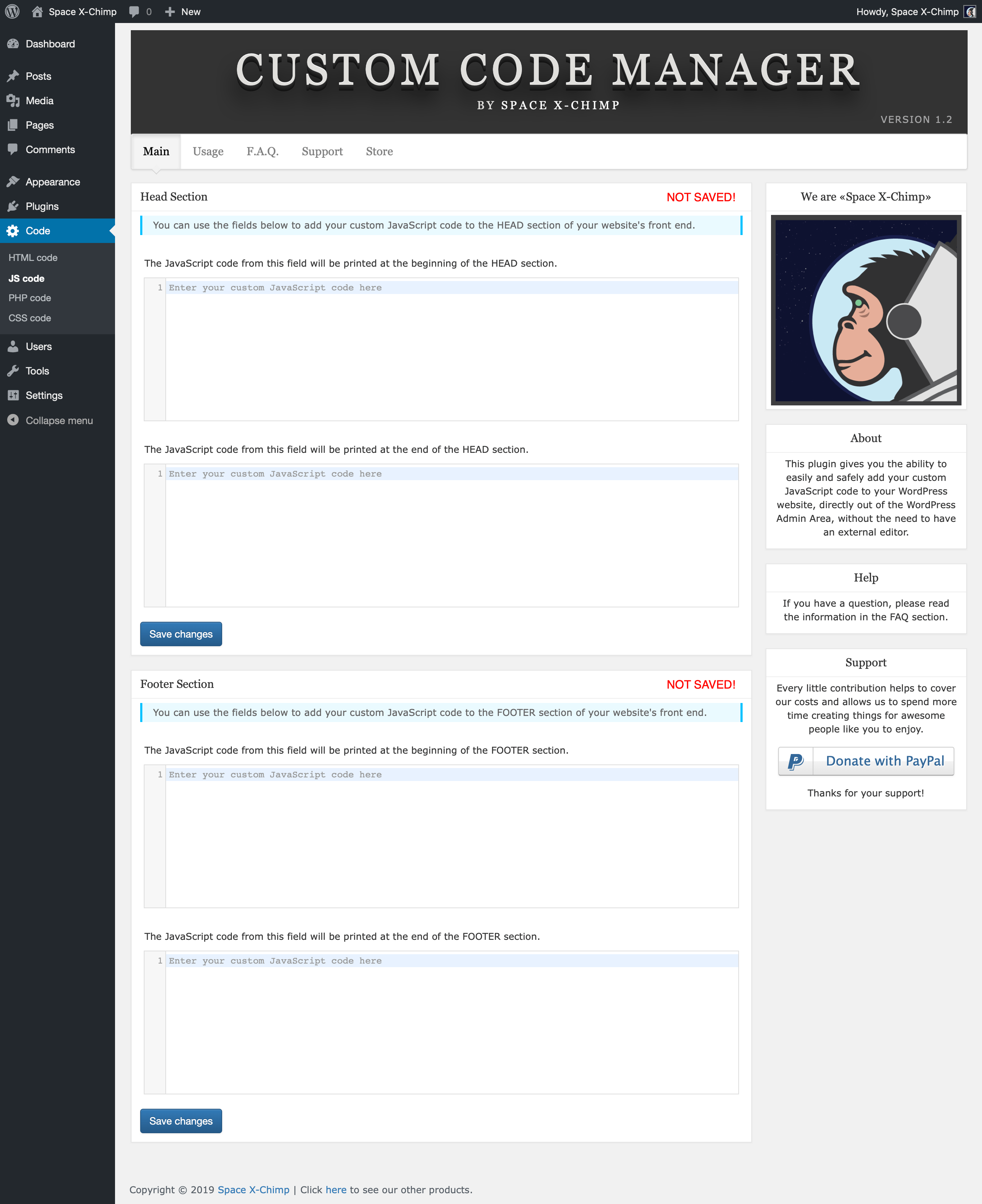 WP plugin "Custom Code Manager" by Space X-Chimp