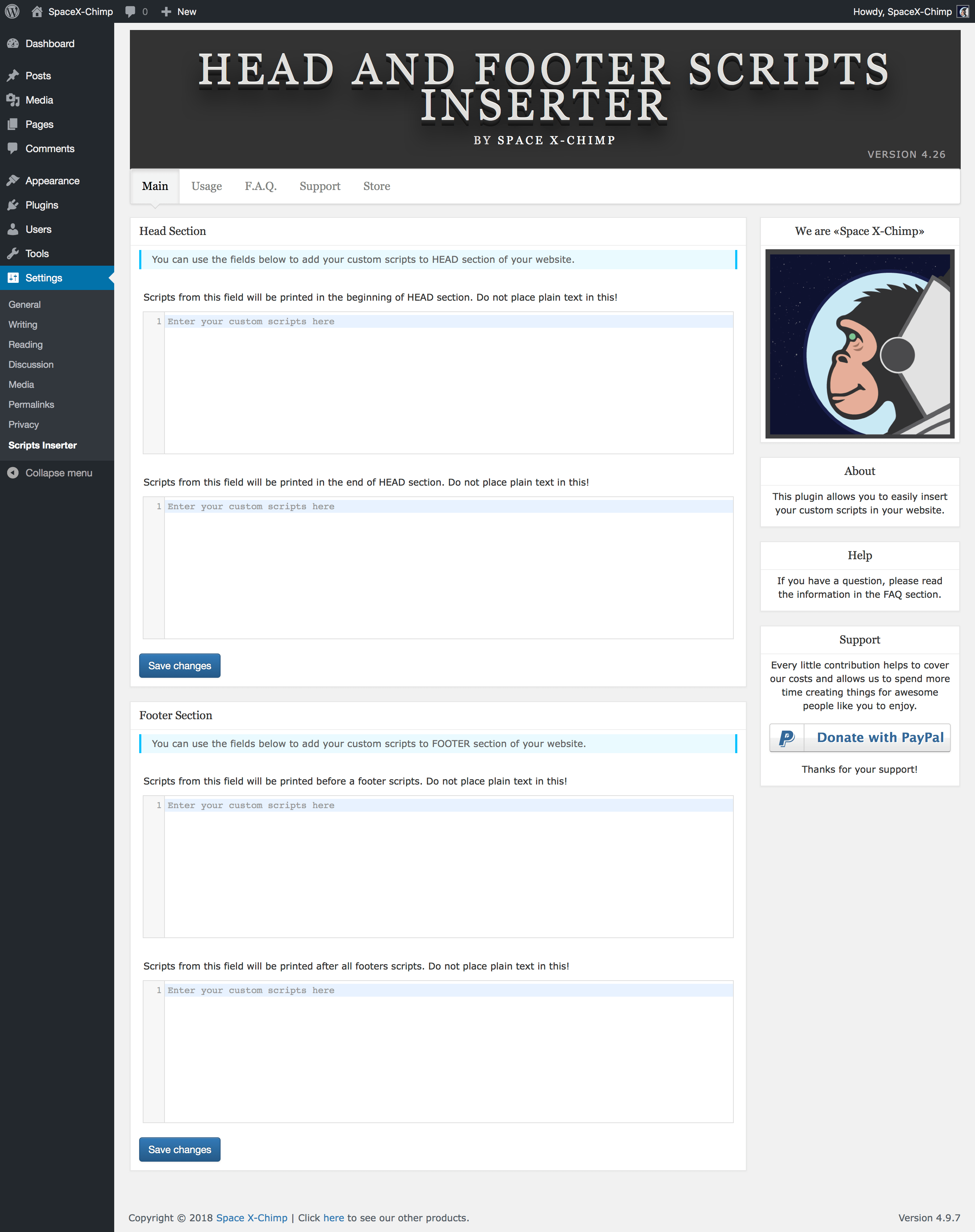 WP plugin "Head and Footer Scripts Inserter" by Space X-Chimp