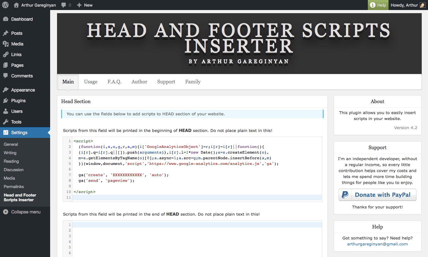 WP plugin "Head and Footer Scripts Inserter" by Space X-Chimp