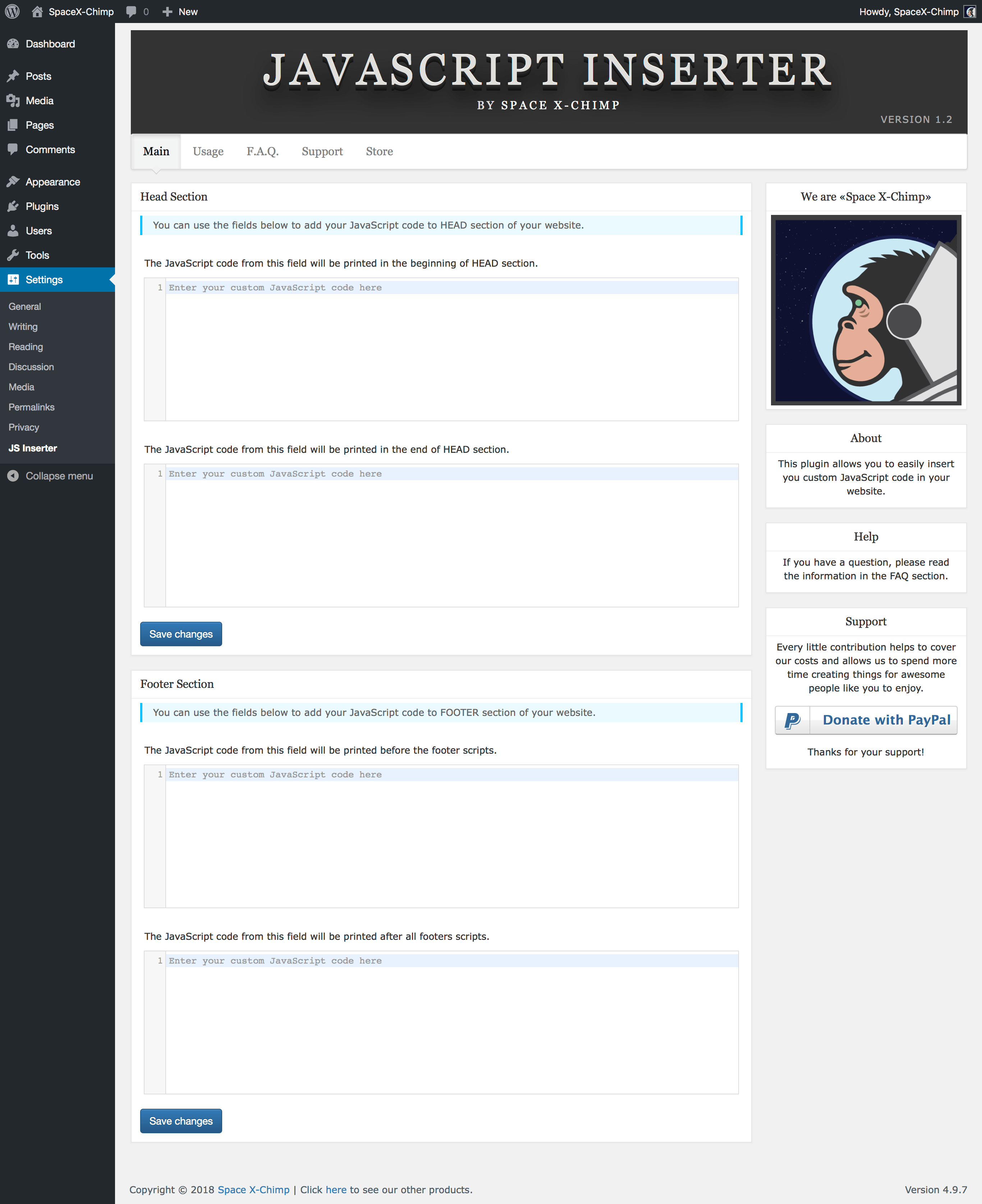 WP plugin "JavaScript Inserter" by Space X-Chimp
