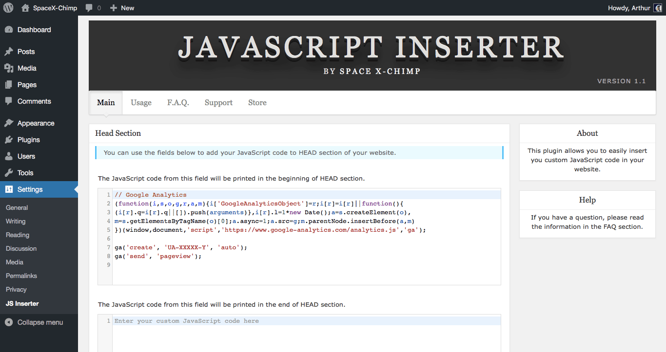 WP plugin "JavaScript Inserter" by Space X-Chimp