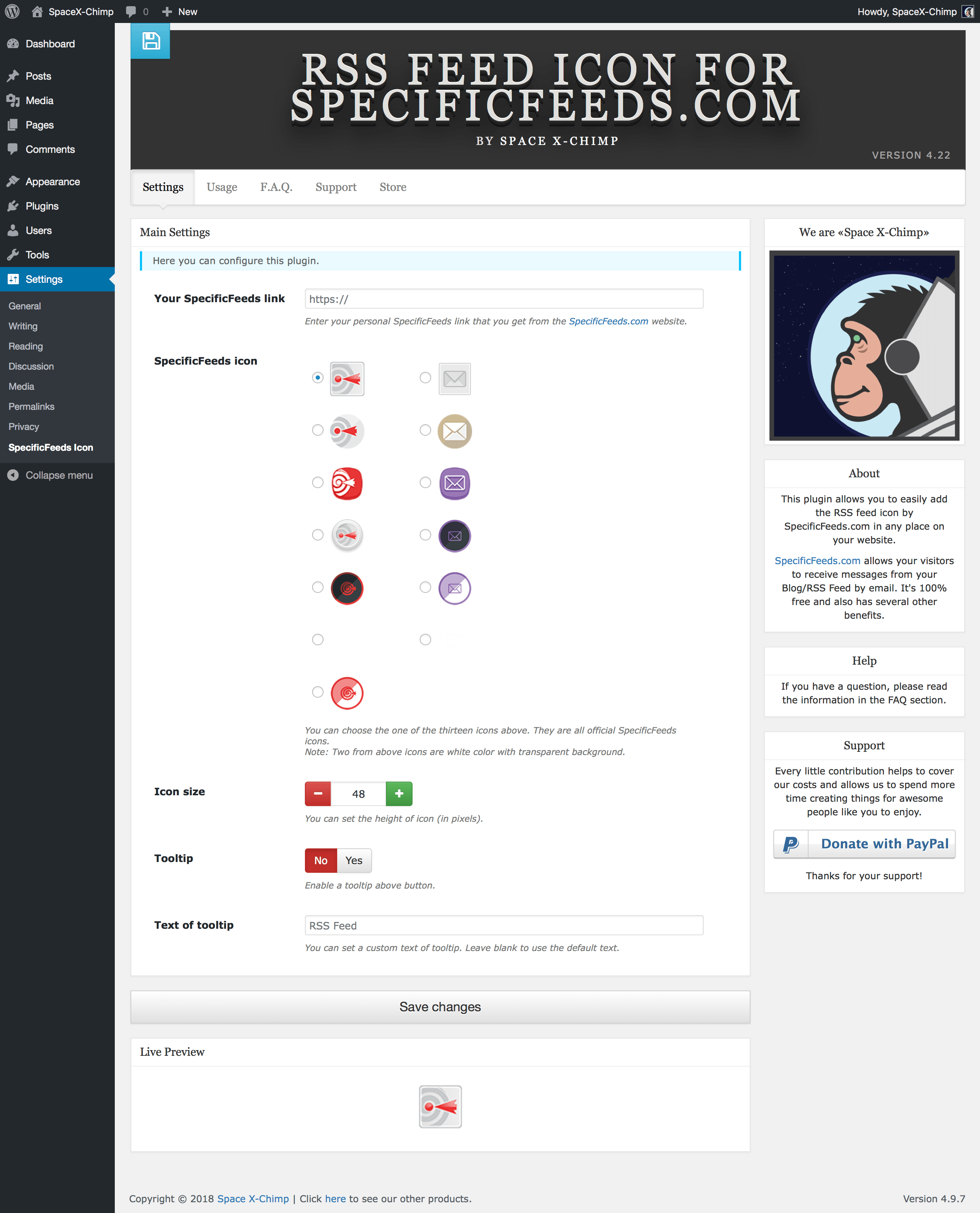 WP plugin "RSS Feed Icon for SpecificFeeds.com" by Space X-Chimp