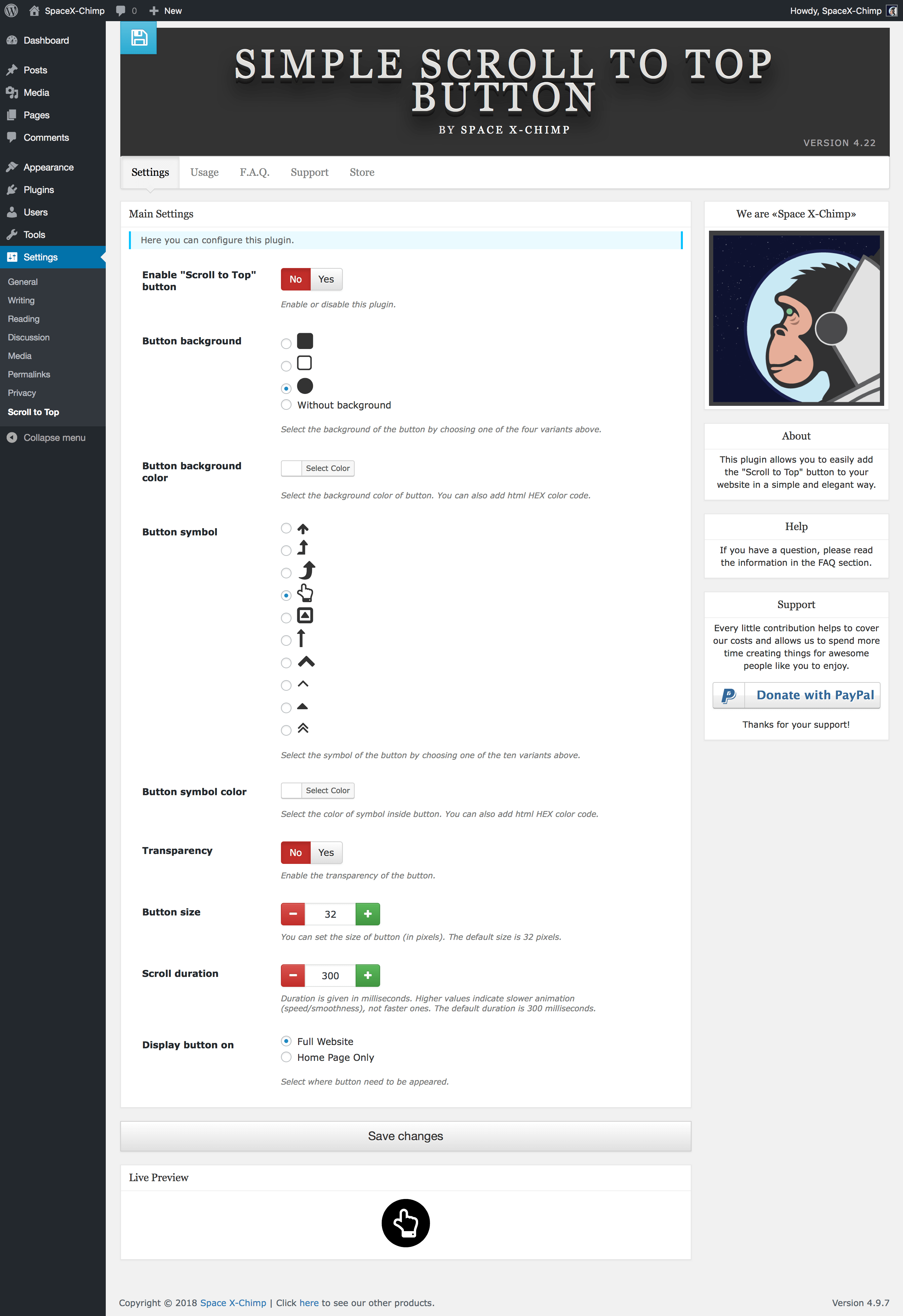 WP plugin "Simple Scroll to Top Button" by Space X-Chimp