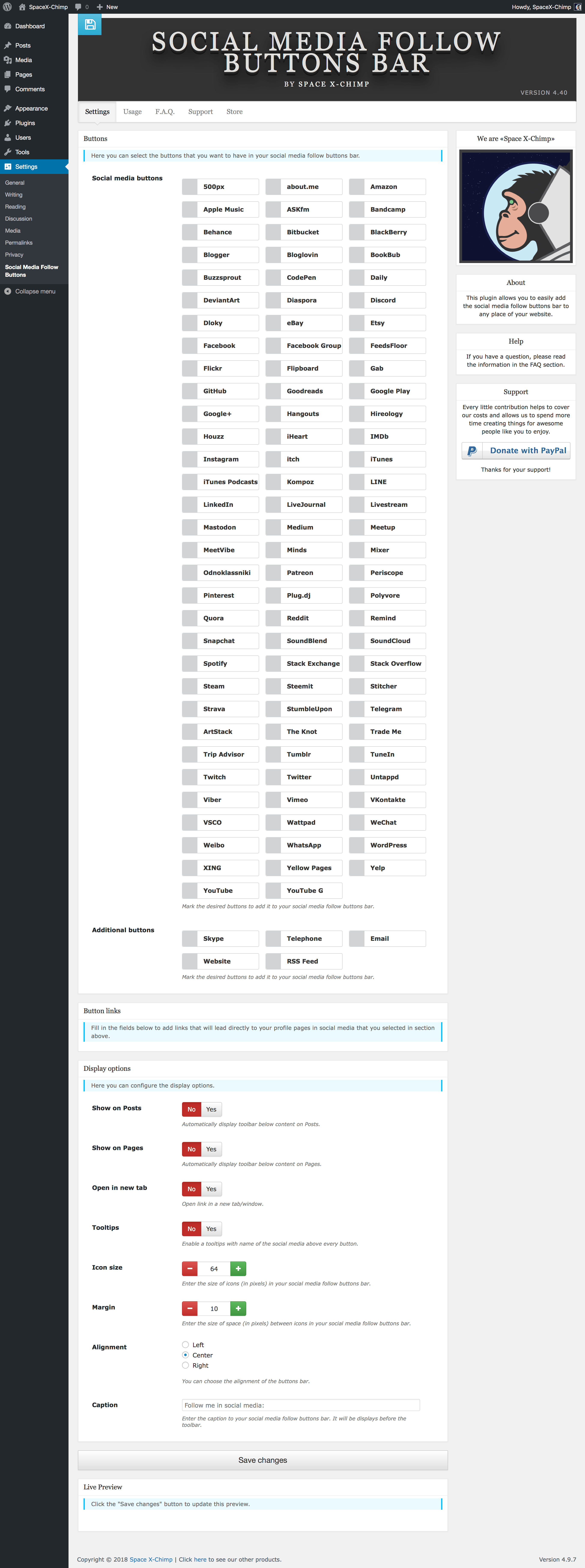 WP plugin "Social Media Follow Buttons Bar" by Space X-Chimp