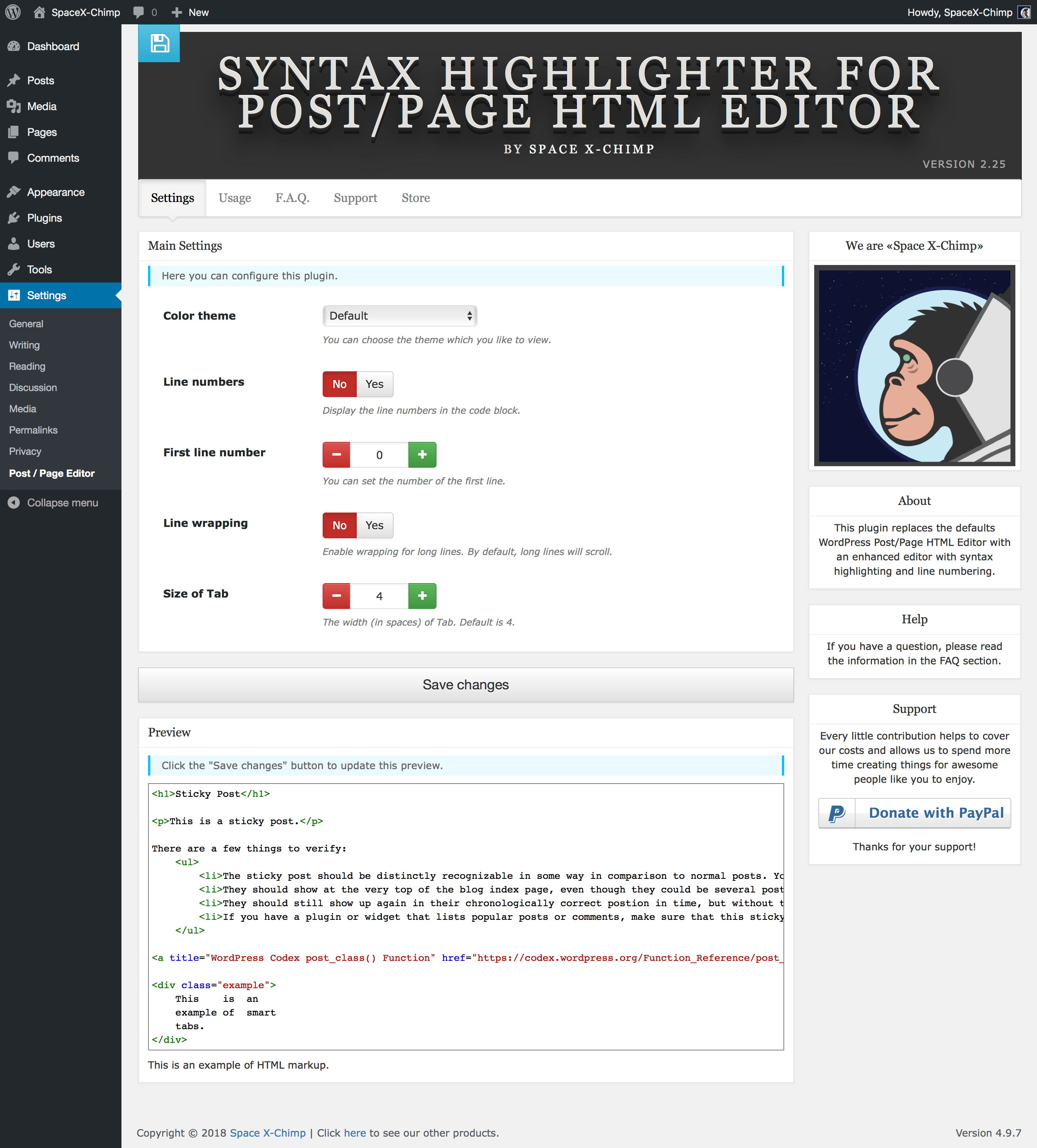 WP plugin "Syntax Highlighter for Post/Page HTML Editor" by Space X-Chimp