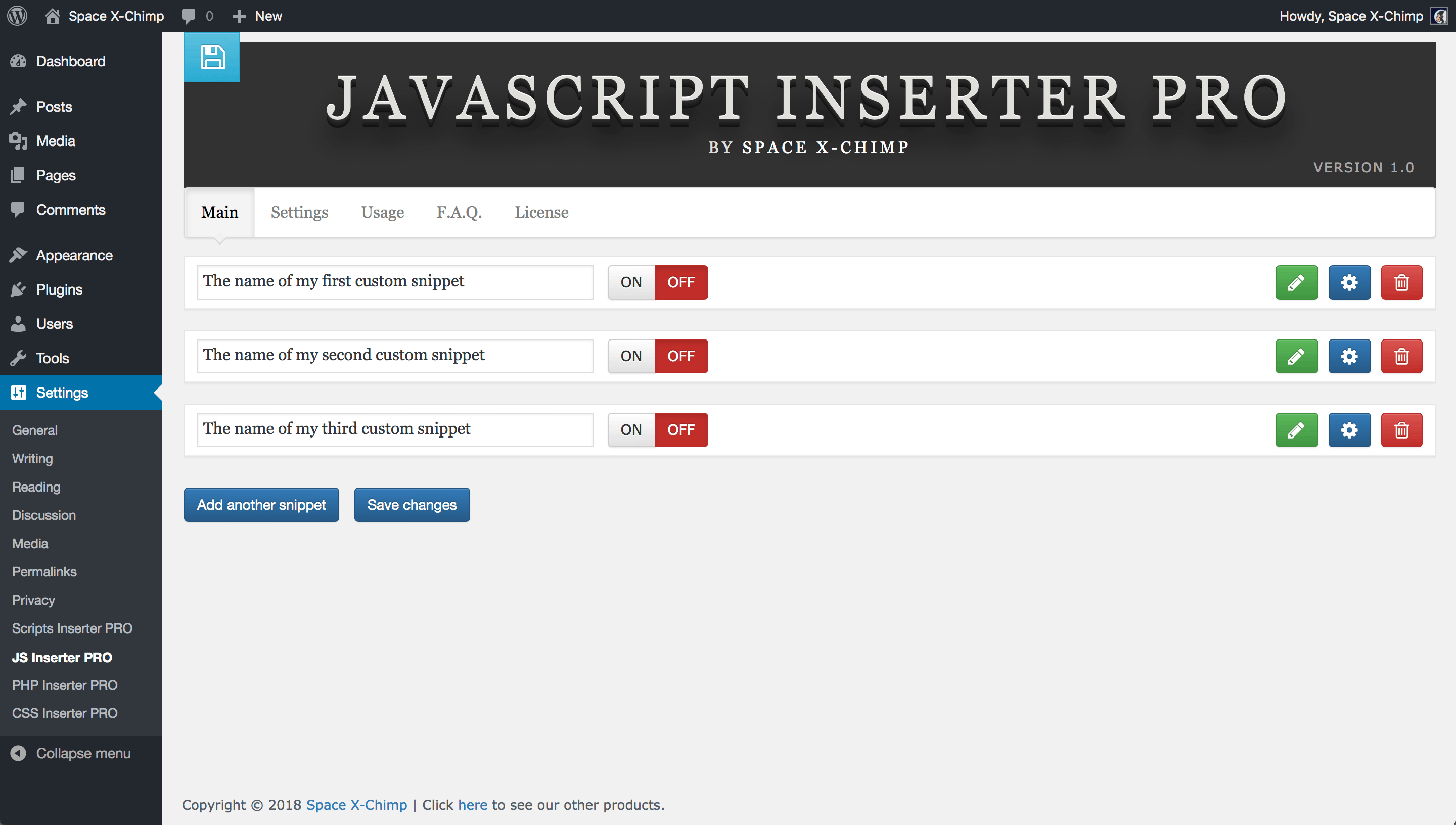 WP plugin "JavaScript Inserter PRO" by Space X-Chimp