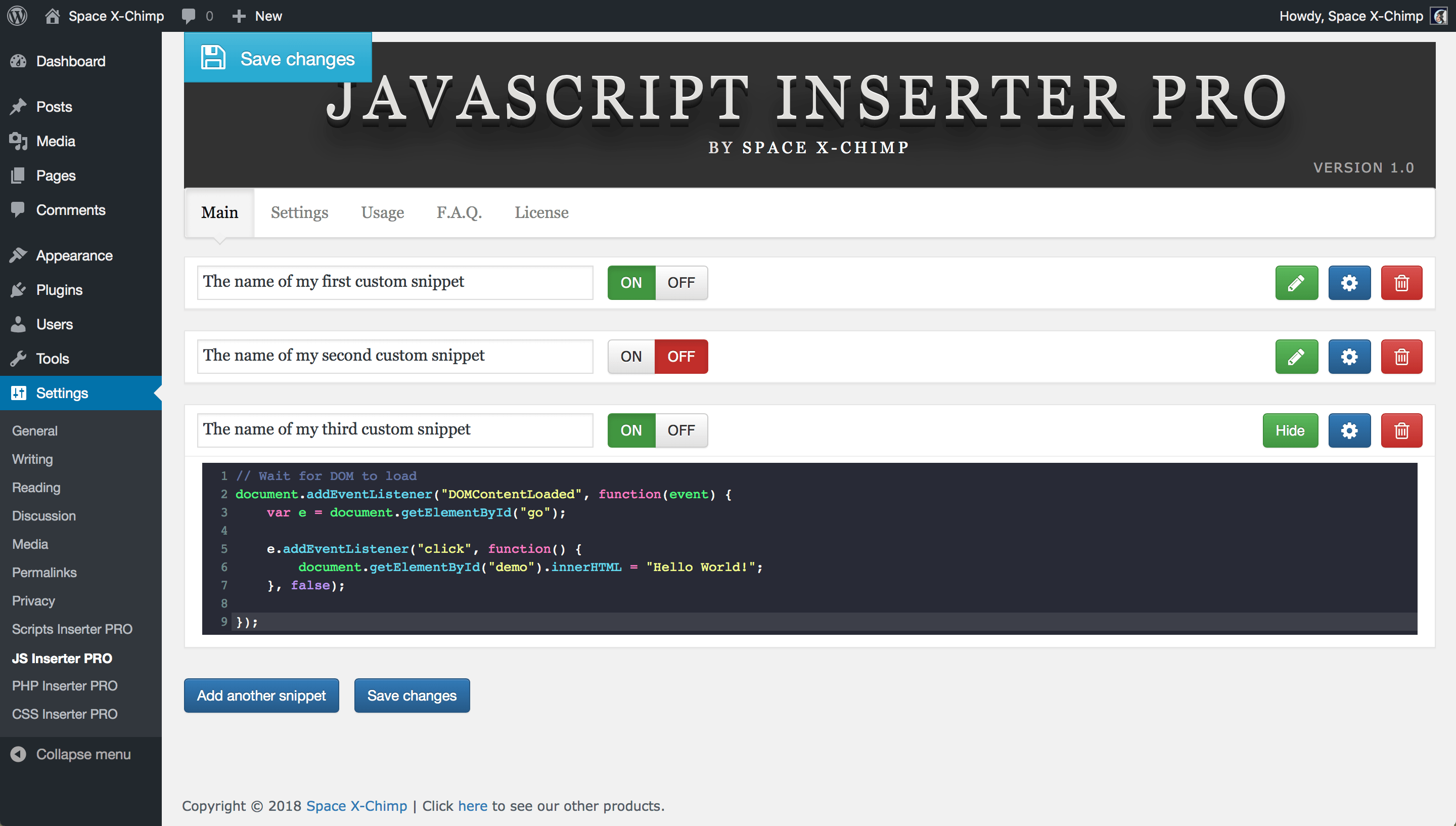 WP plugin "JavaScript Inserter PRO" by Space X-Chimp