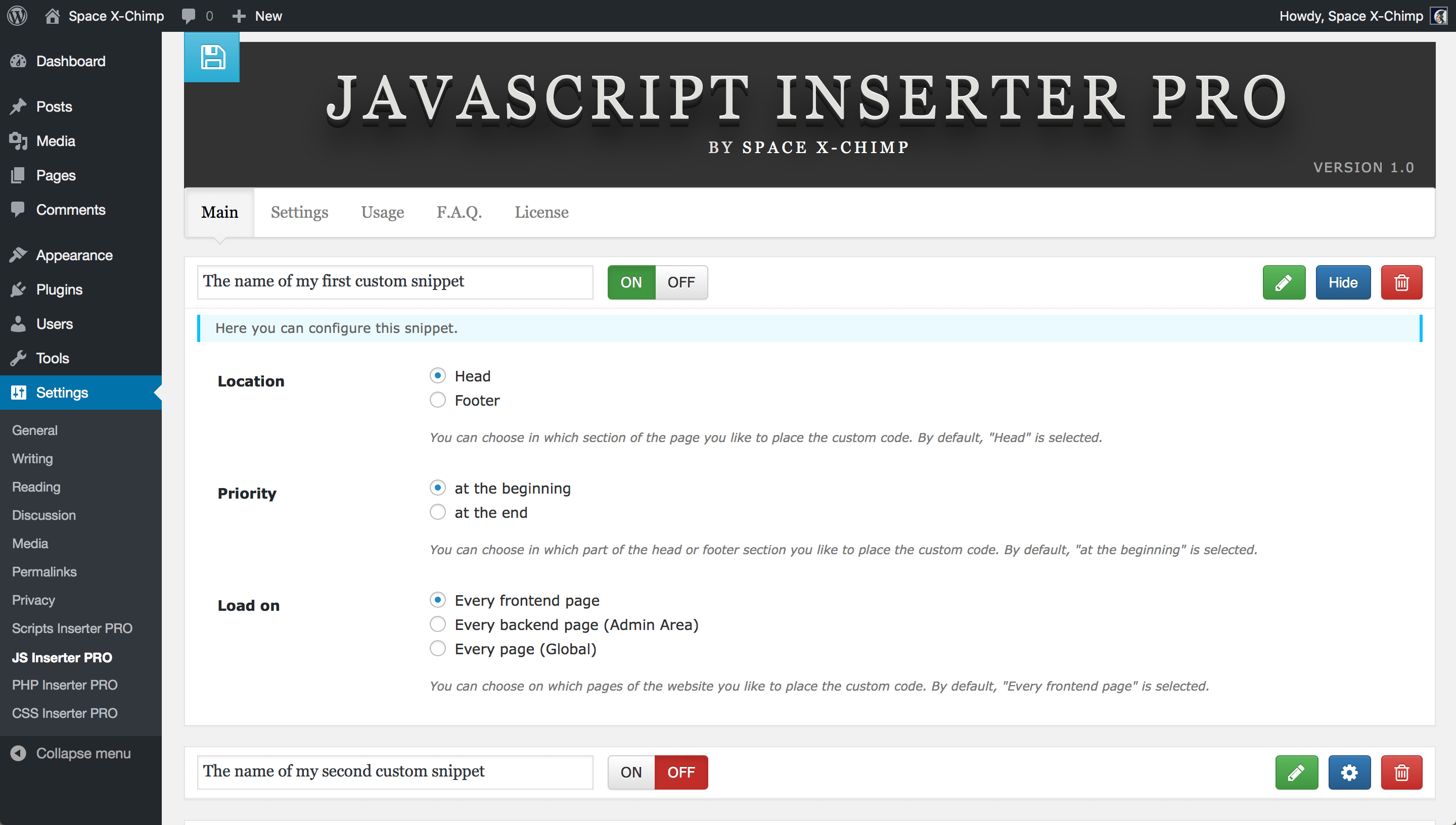 WP plugin "JavaScript Inserter PRO" by Space X-Chimp