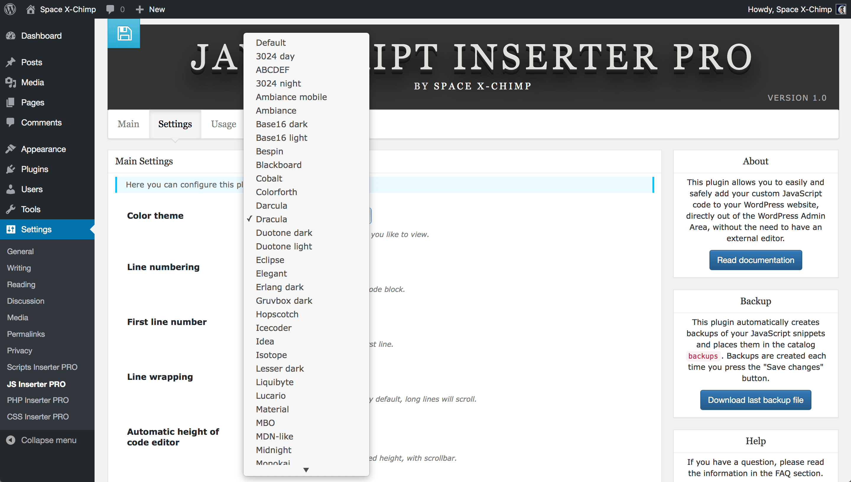 WP plugin "JavaScript Inserter PRO" by Space X-Chimp
