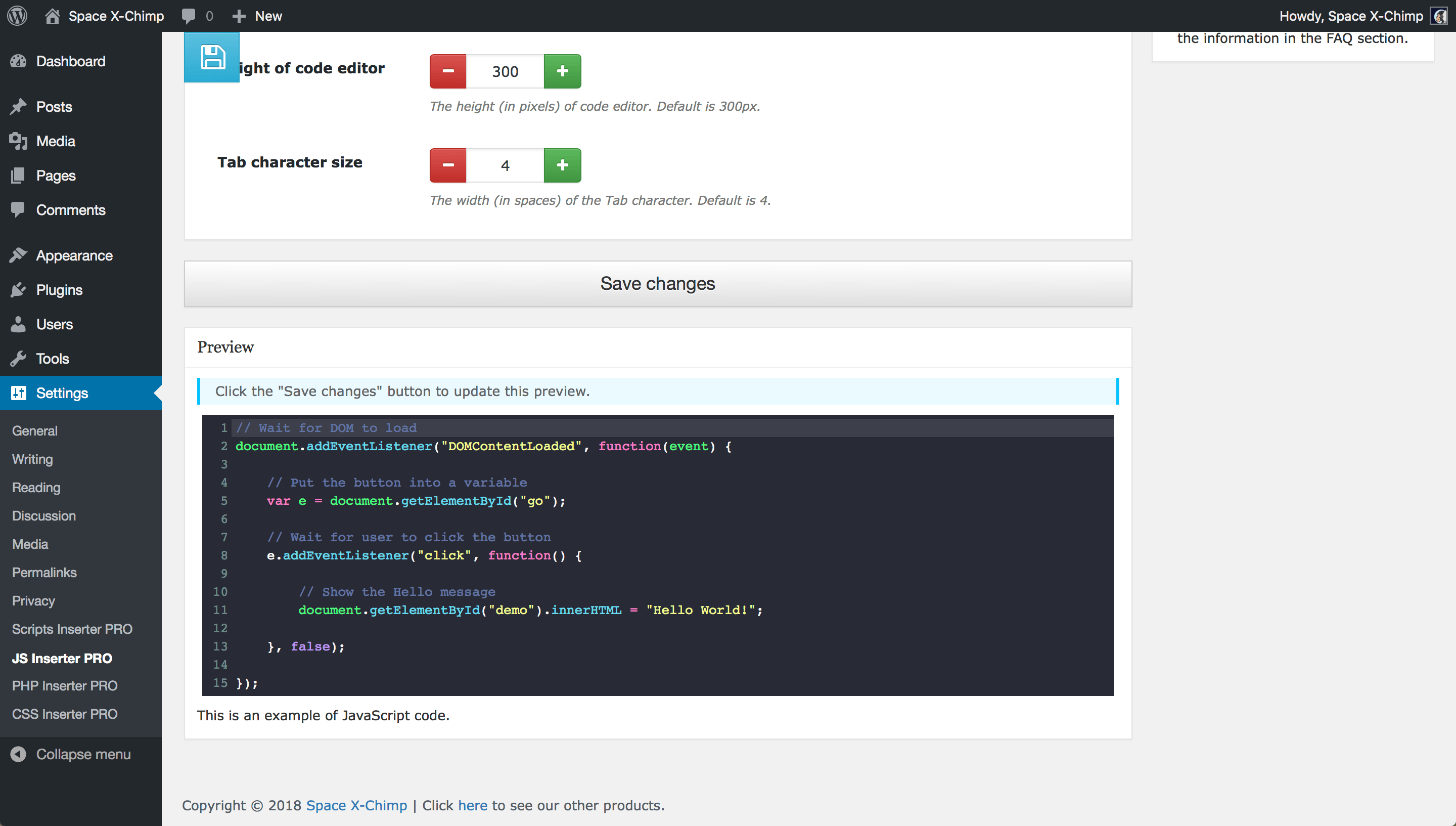 WP plugin "JavaScript Inserter PRO" by Space X-Chimp