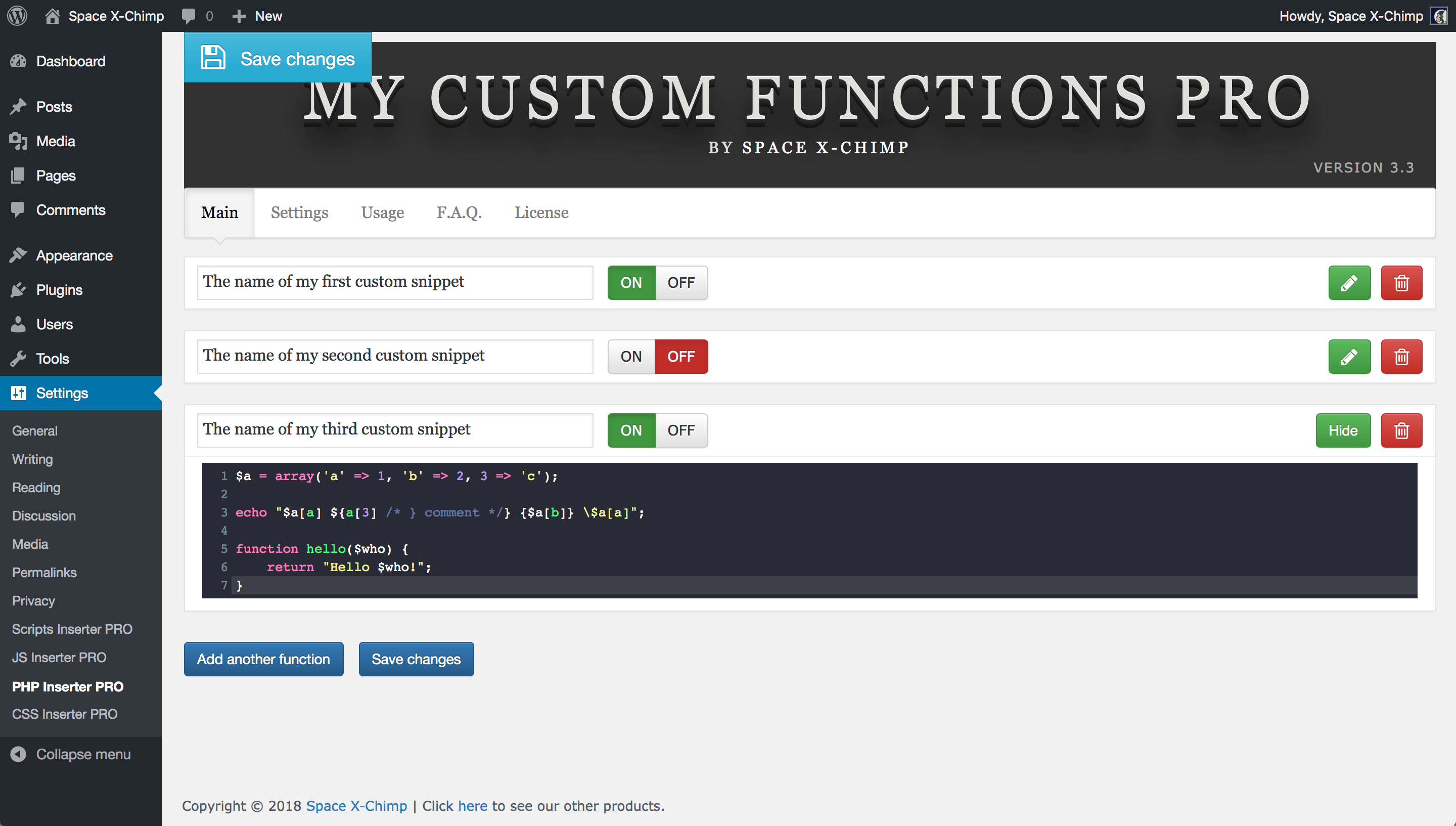 WP plugin "My Custom Functions PRO" by Space X-Chimp